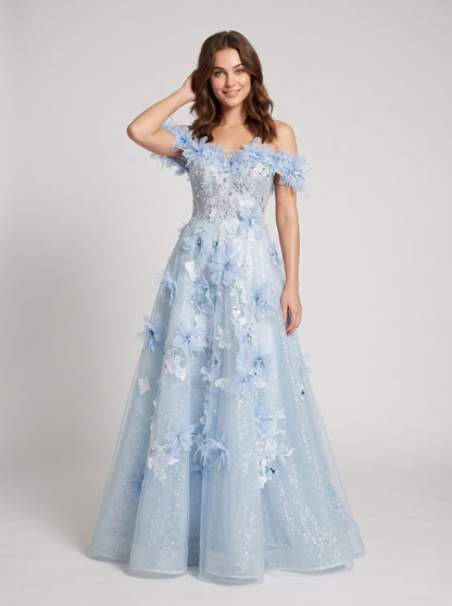 Sky Blue Glitter Tulle A-Line Off-The-Shoulder Floor-Length Dress - Aabei Dress