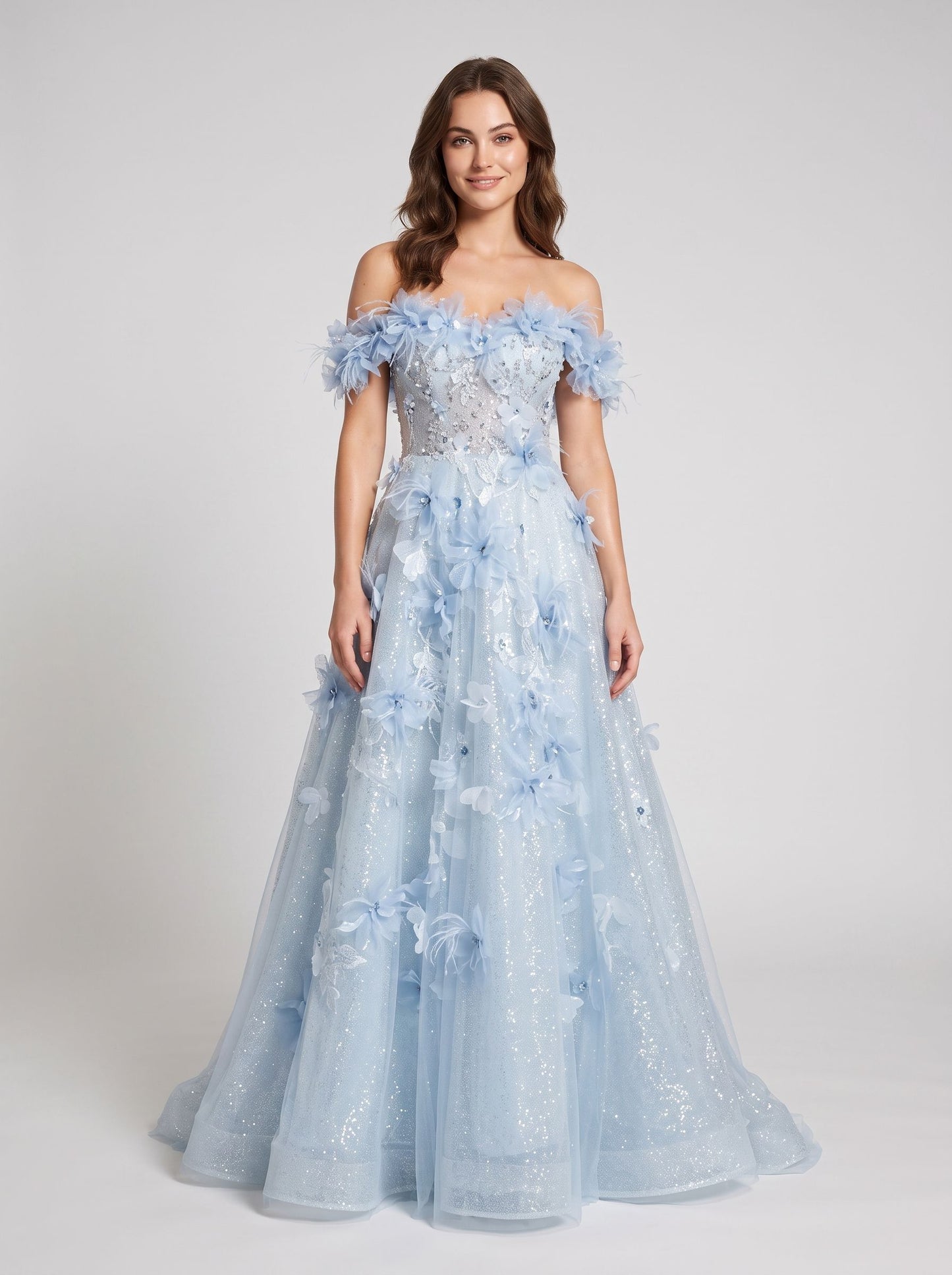 Sky Blue Glitter Tulle A-Line Off-The-Shoulder Floor-Length Dress - Aabei Dress