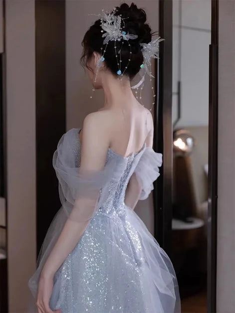 Sky Blue Glitter Tulle A-Line Sweetheart Lace-Up Back Floor-Length Dress Back View - Aabei Dress