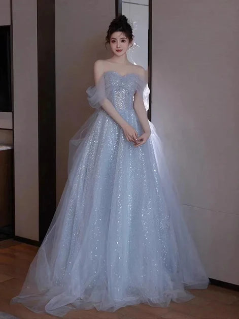 Sky Blue Glitter Tulle A-Line Sweetheart Lace-Up Back Floor-Length Dress Front View - Aabei Dress