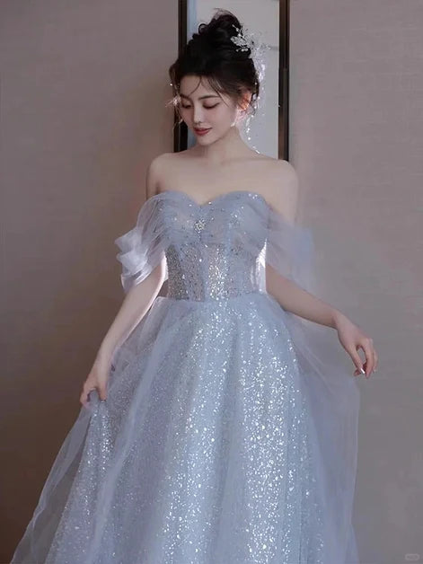 Sky Blue Glitter Tulle A-Line Sweetheart Lace-Up Back Floor-Length Dress - Aabei Dress