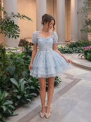 Sky Blue Glitter Tulle A-Line Sweetheart Zipper Back Mini Dress - Aabei Dress