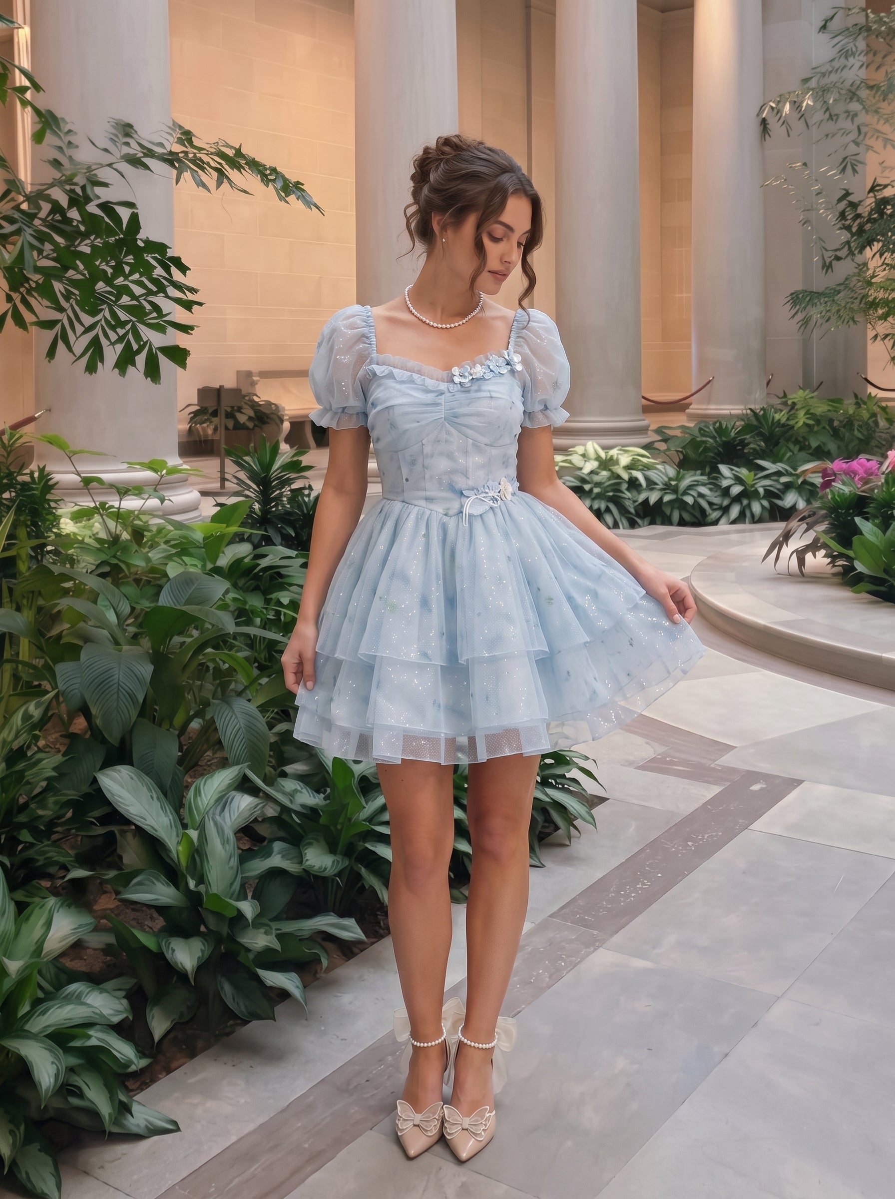 Sky Blue Glitter Tulle A-Line Sweetheart Zipper Back Mini Dress - Aabei Dress