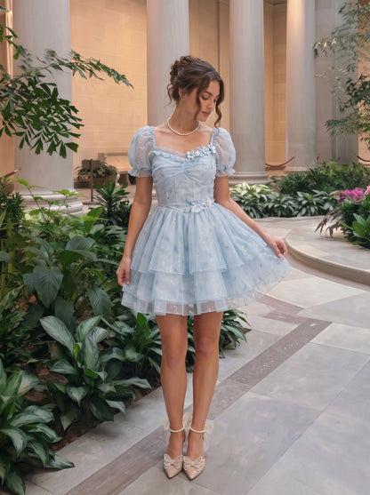 Sky Blue Glitter Tulle A-Line Sweetheart Zipper Back Mini Dress - Aabei Dress
