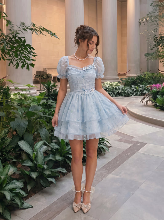 Sky Blue Glitter Tulle A-Line Sweetheart Zipper Back Mini Dress - Aabei Dress