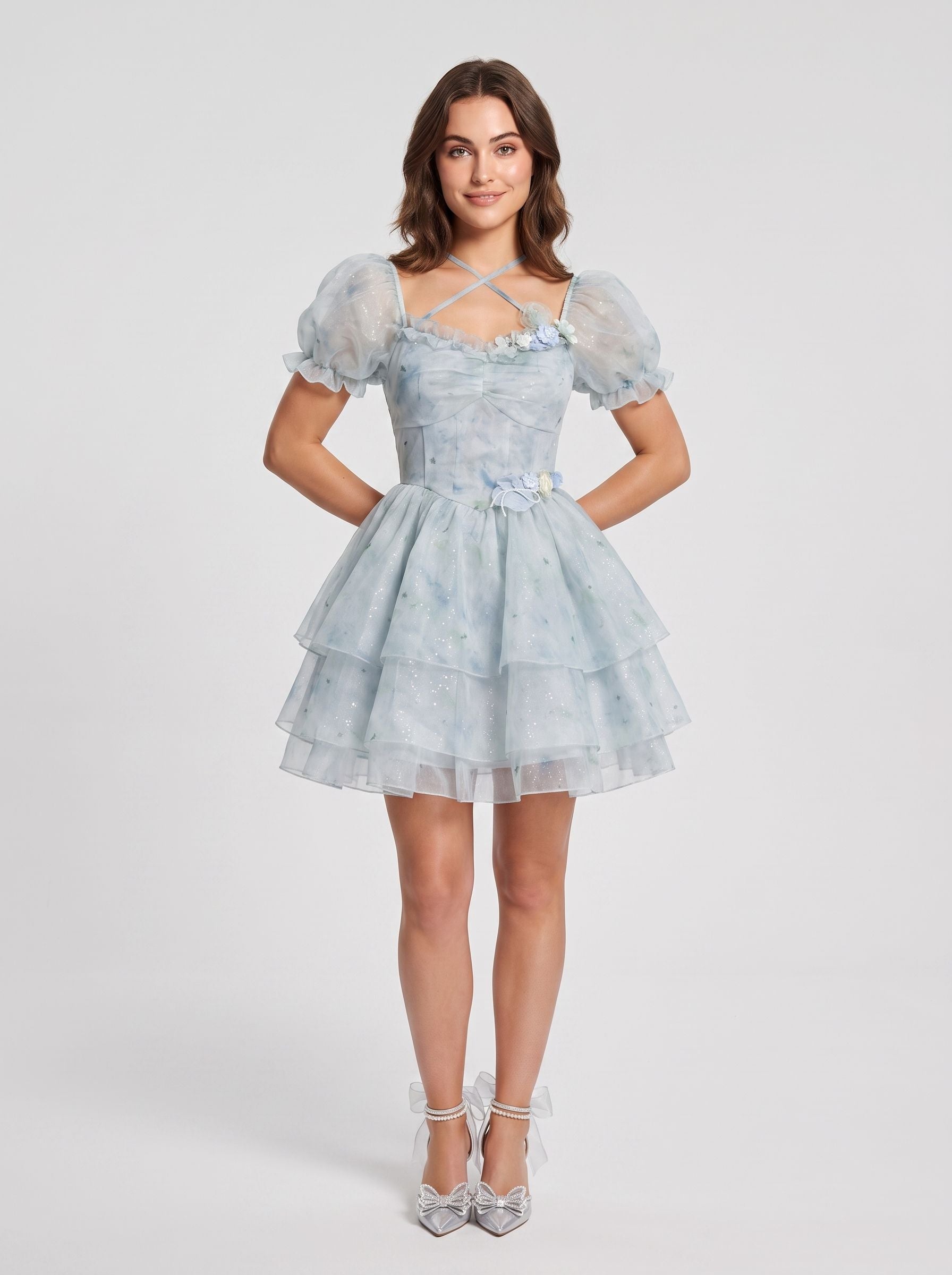 Sky Blue Glitter Tulle A-Line Sweetheart Zipper Back Mini Dress - Aabei Dress
