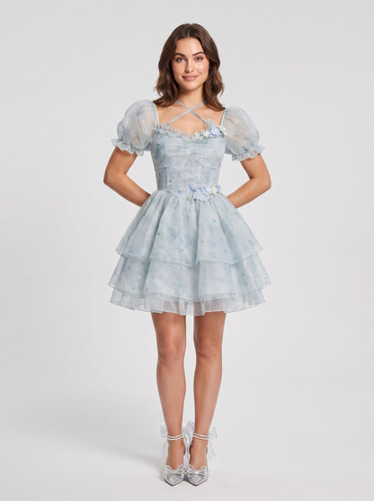Sky Blue Glitter Tulle A-Line Sweetheart Zipper Back Mini Dress - Aabei Dress
