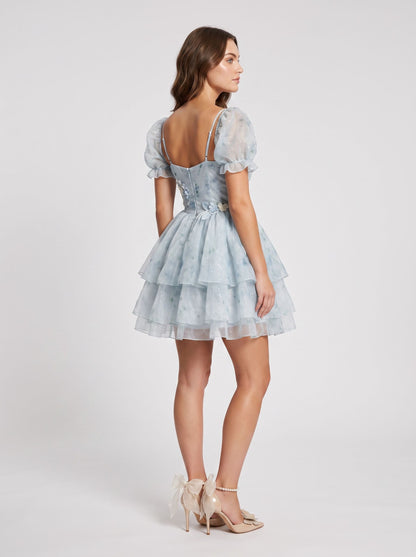 Sky Blue Glitter Tulle A-Line Sweetheart Zipper Back Mini Dress - Aabei Dress