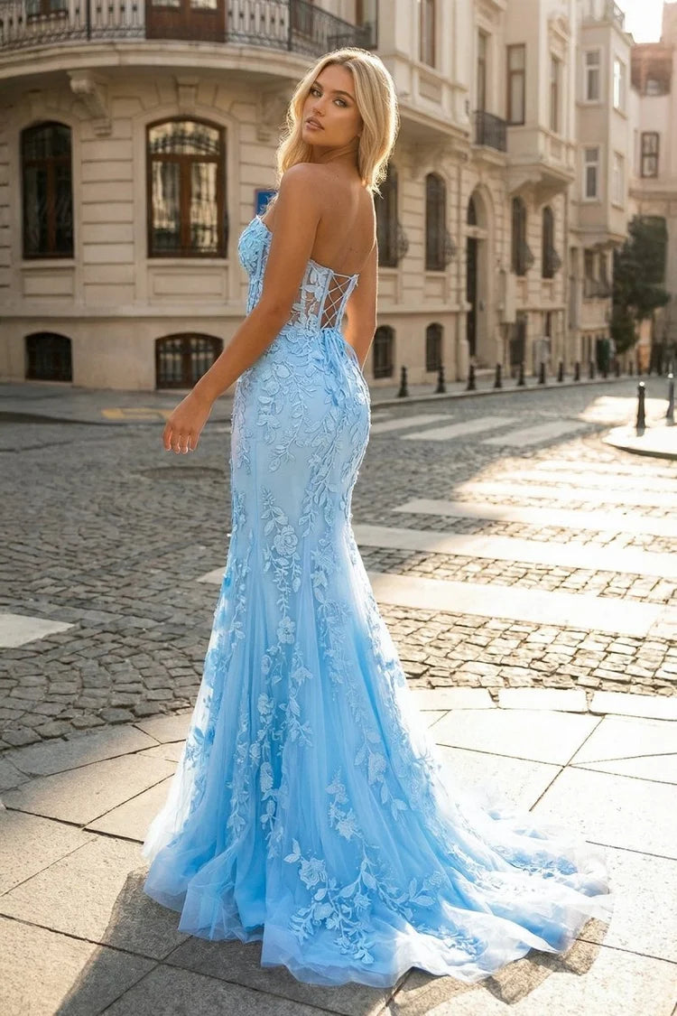 Sky Blue Lace Mermaid Sweetheart Lace-up Floor-Length Dress Back View - Aabei Dress