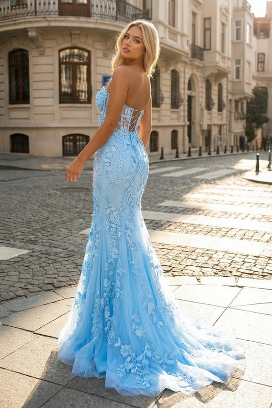 Sky Blue Lace Mermaid Sweetheart Lace-up Floor-Length Dress Back View - Aabei Dress