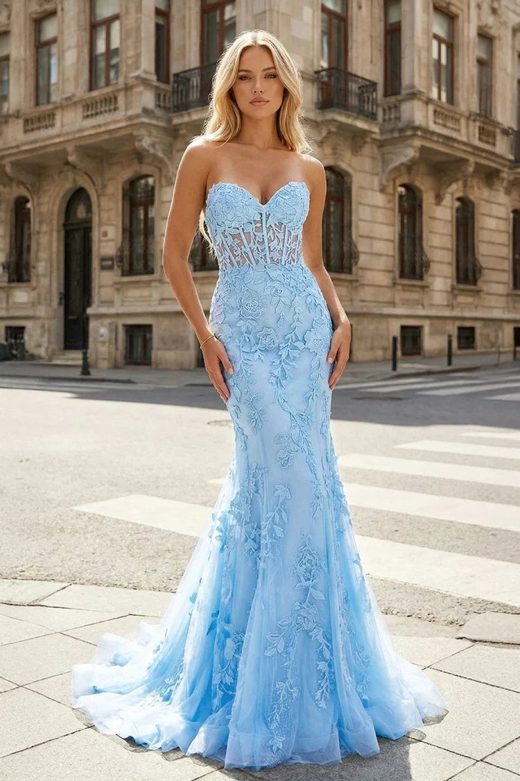 Sky Blue Lace Mermaid Sweetheart Lace-up Floor-Length Dress Front View - Aabei Dress