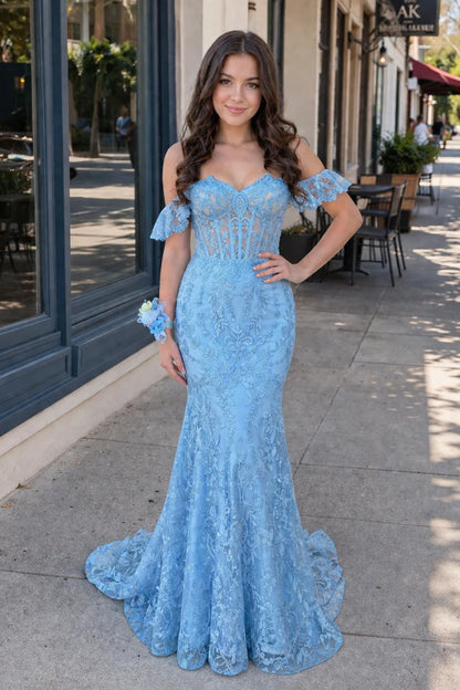 Sky Blue Lace Mermaid Sweetheart Lace-up Floor-Length Dress Front View - Aabei Dress