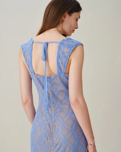 sky blue Lace sheath-column sweetheart open-back maxi Dress Back View - Aabei Dress