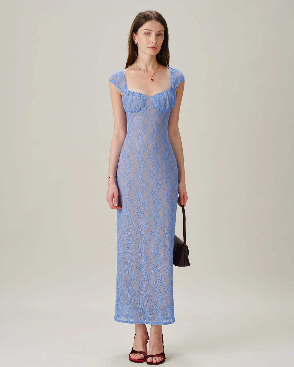 sky blue Lace sheath-column sweetheart open-back maxi Dress - Aabei Dress