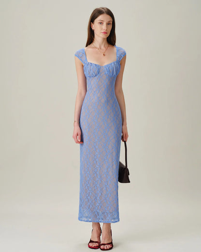 sky blue Lace sheath-column sweetheart open-back maxi Dress - Aabei Dress