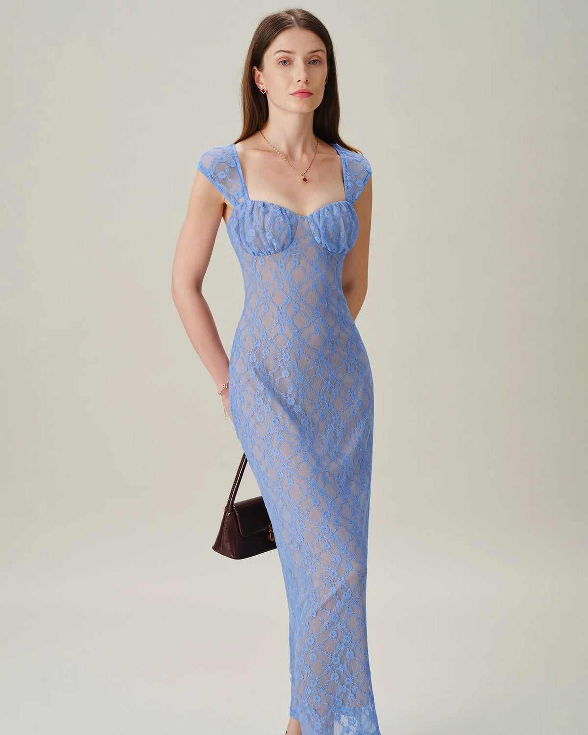 sky blue Lace sheath-column sweetheart open-back maxi Dress - Aabei Dress