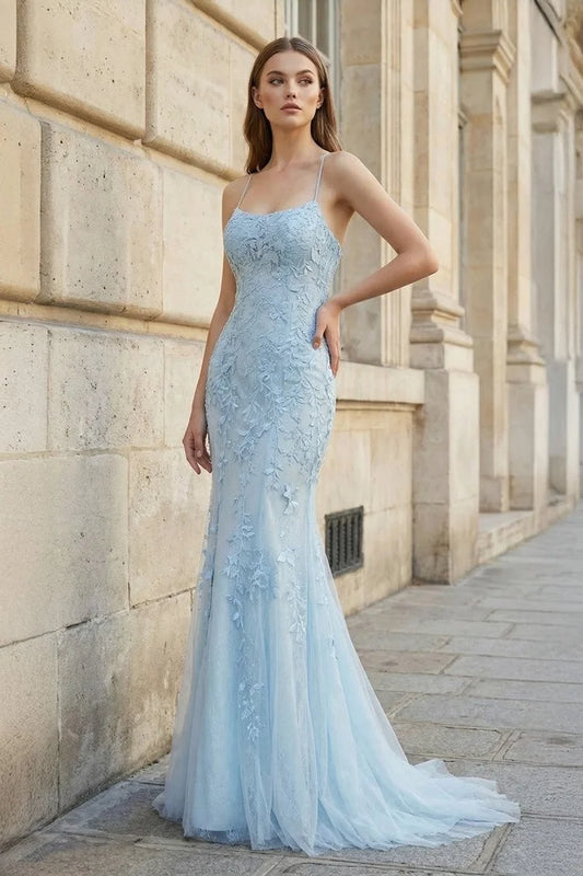 Sky Blue Lace & Tulle Mermaid Scoop Neck Floor-Length Dress Front View - Aabei Dress