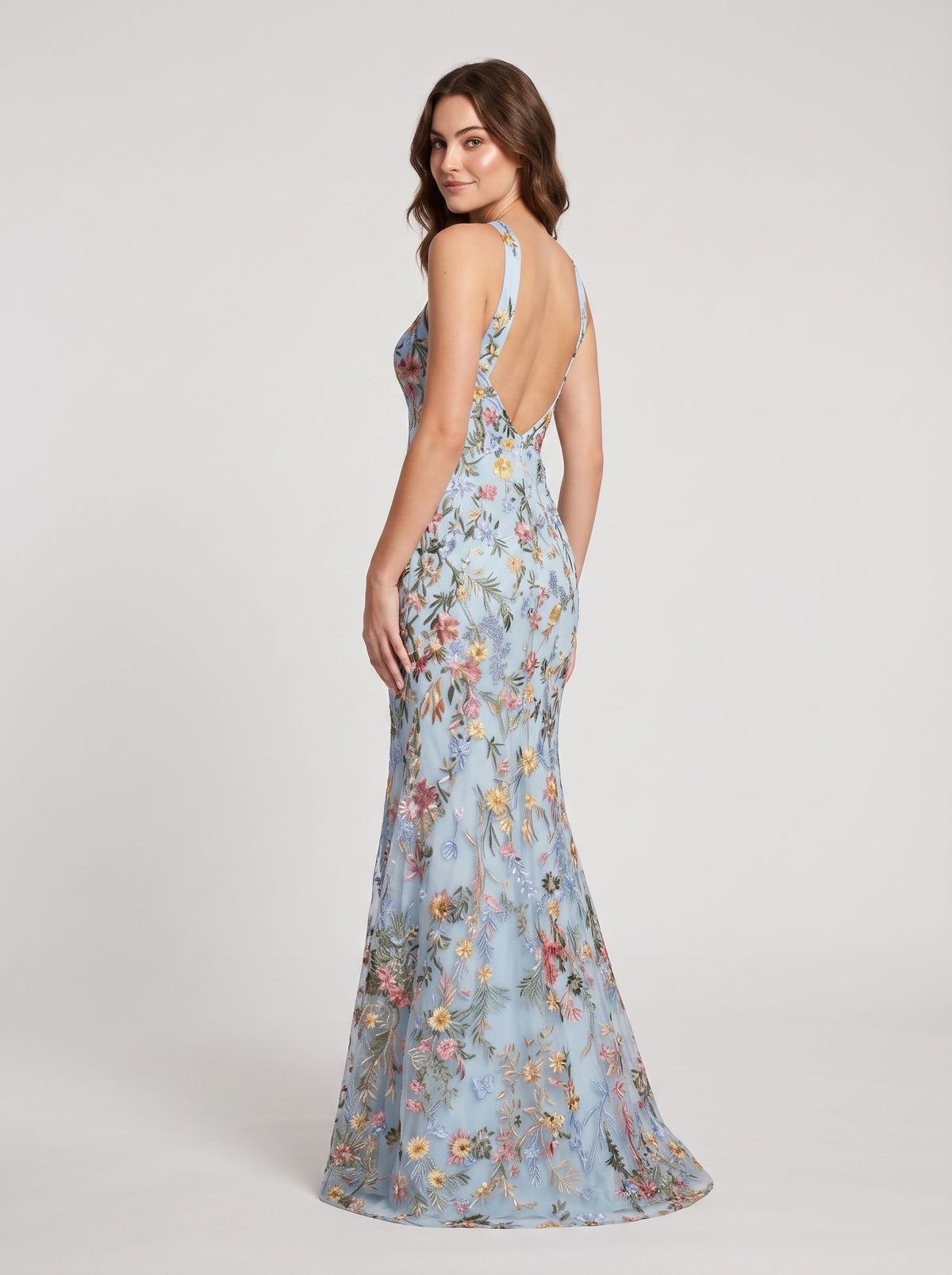 Sky Blue Mesh mermaid halter low-back floor-length Dress Back View - Aabei Dress