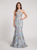 Sky Blue Mesh mermaid halter low-back floor-length Dress Front View - Aabei Dress