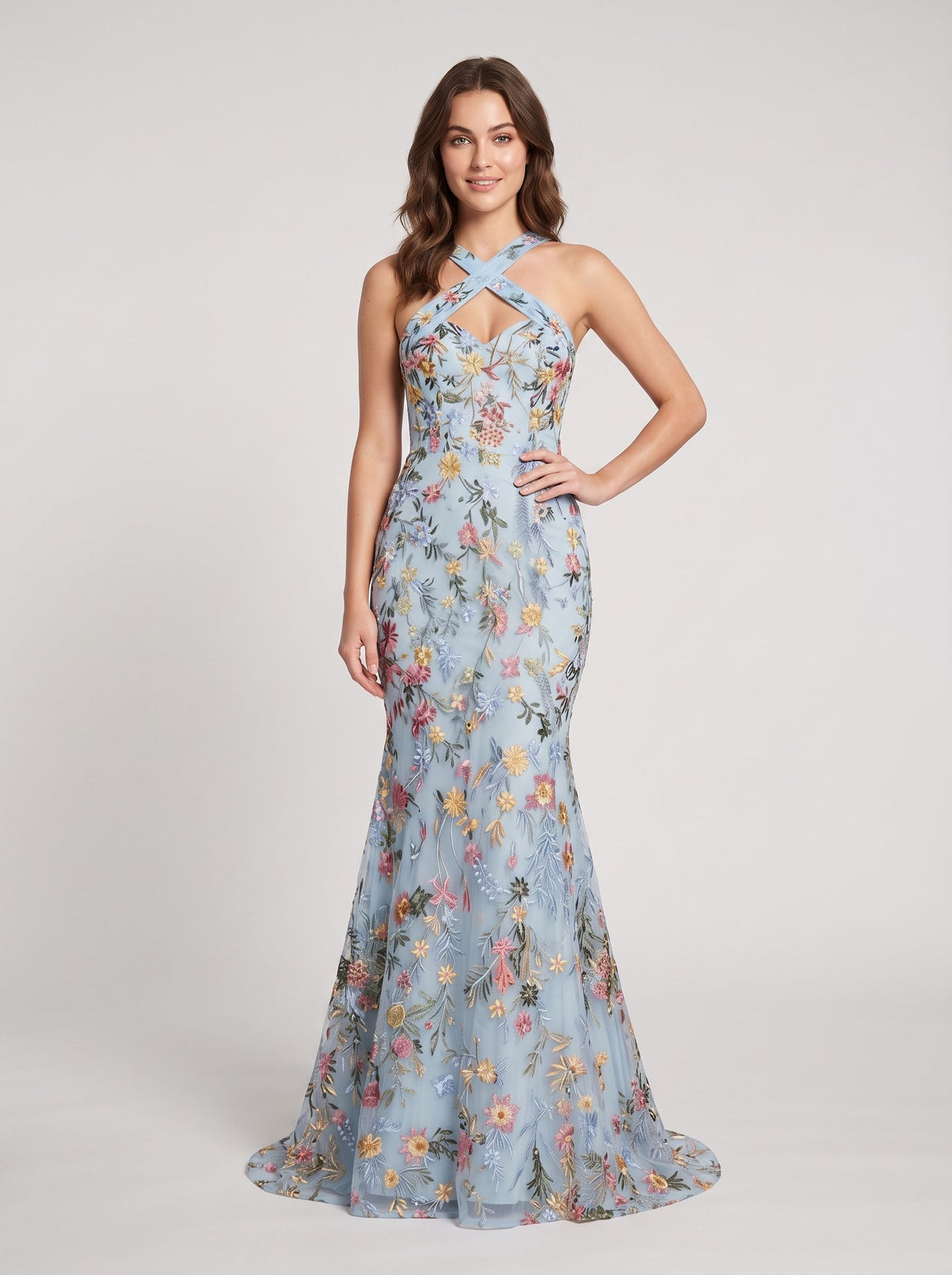 Sky Blue Mesh mermaid halter low-back floor-length Dress Front View - Aabei Dress