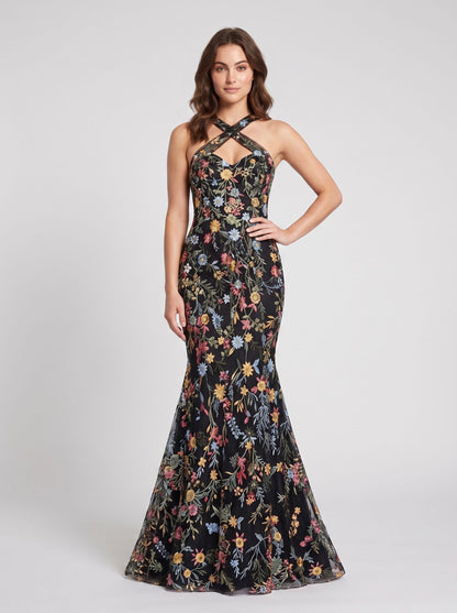 Sky Blue Mesh mermaid halter low-back floor-length Dress - Aabei Dress