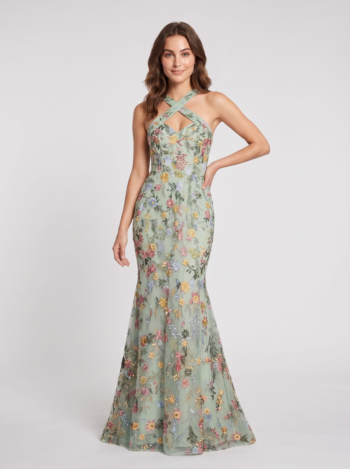 Sky Blue Mesh mermaid halter low-back floor-length Dress - Aabei Dress