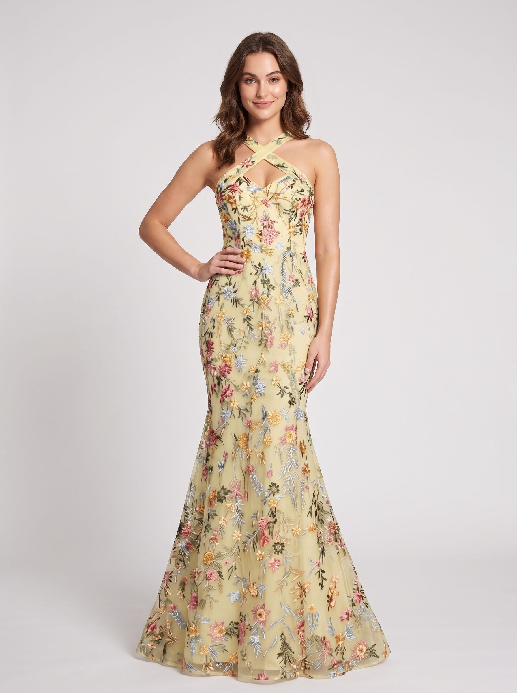 Sky Blue Mesh mermaid halter low-back floor-length Dress - Aabei Dress