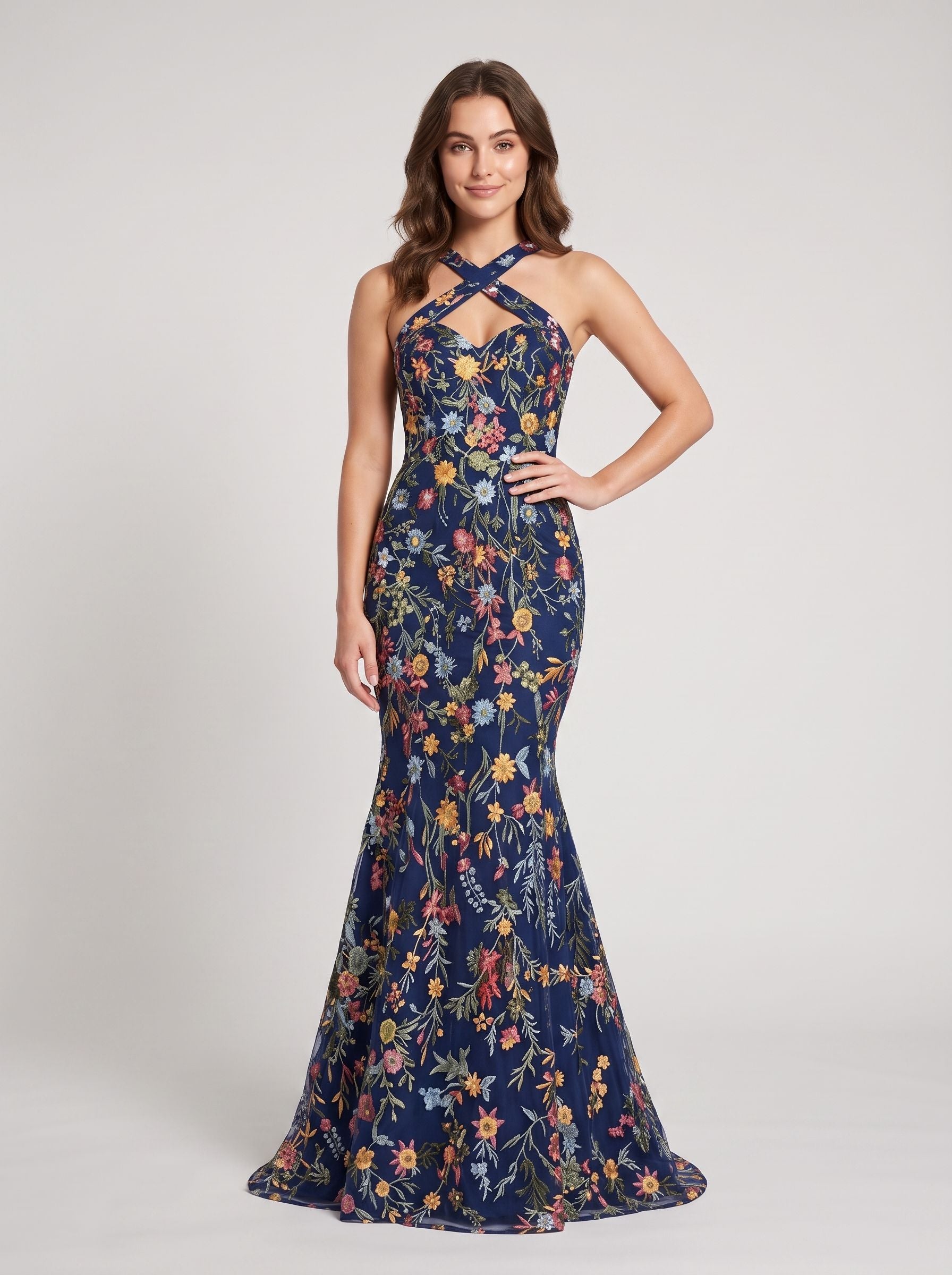 Sky Blue Mesh mermaid halter low-back floor-length Dress - Aabei Dress