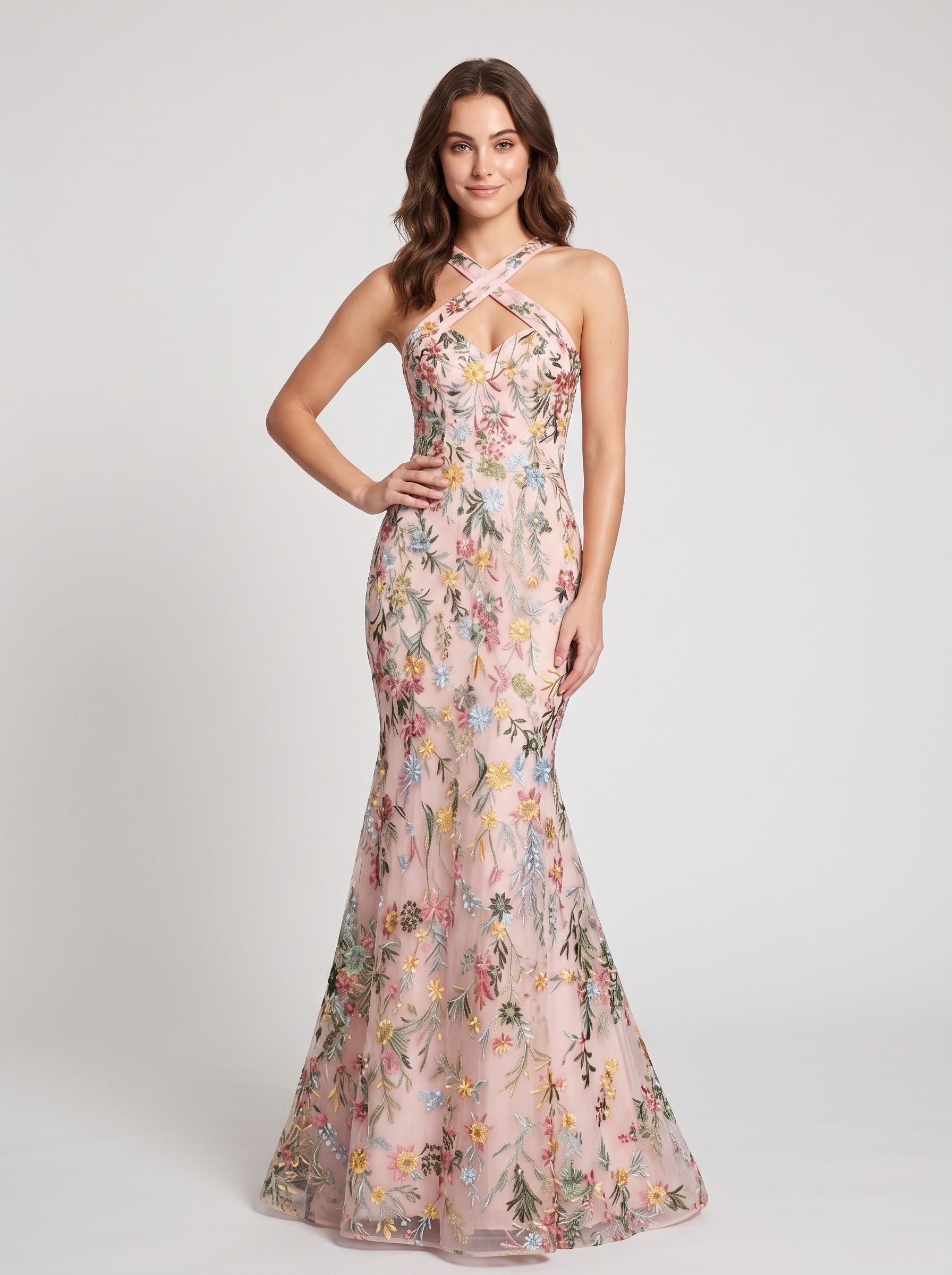 Sky Blue Mesh mermaid halter low-back floor-length Dress - Aabei Dress