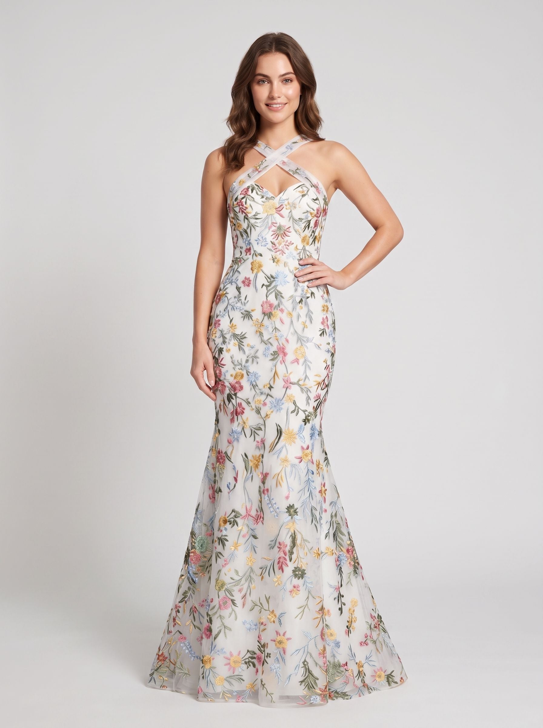 Sky Blue Mesh mermaid halter low-back floor-length Dress - Aabei Dress