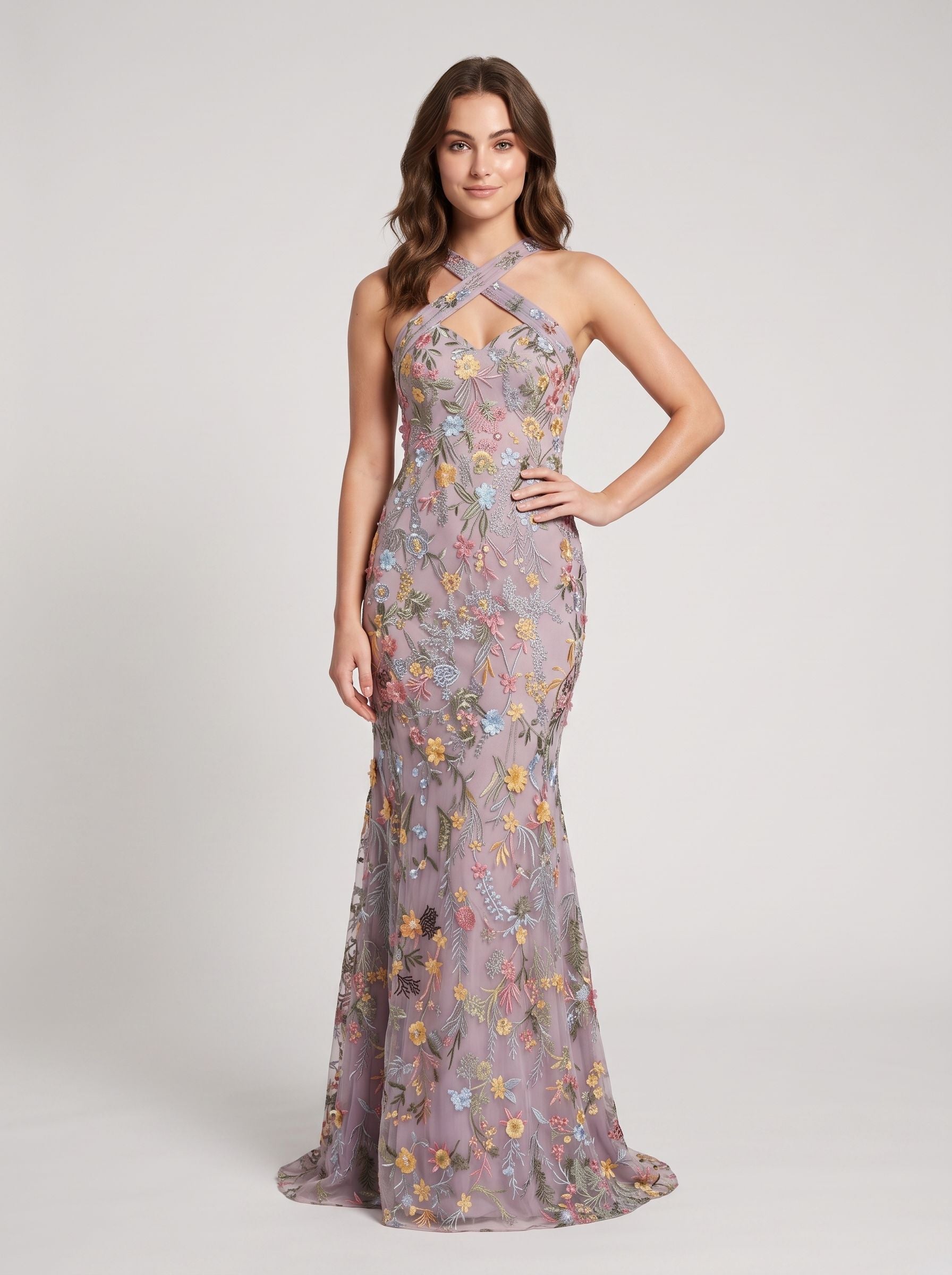Sky Blue Mesh mermaid halter low-back floor-length Dress - Aabei Dress