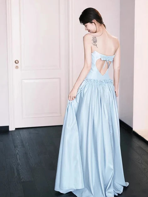 Sky Blue Satin a-line straight-across open-back floor-length Dress Back View - Aabei Dress