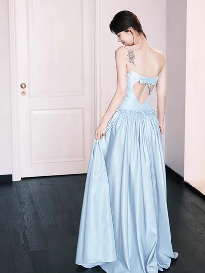 Sky Blue Satin a-line straight-across open-back floor-length Dress Back View - Aabei Dress