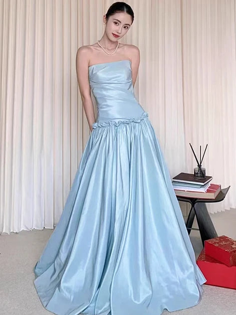 Sky Blue Satin a-line straight-across open-back floor-length Dress Front View - Aabei Dress