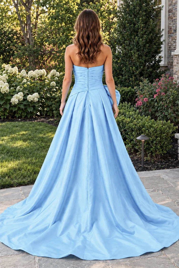 Sky Blue Satin A-Line Straight Across Zipper Back Floor-Length Dress Back View - Aabei Dress