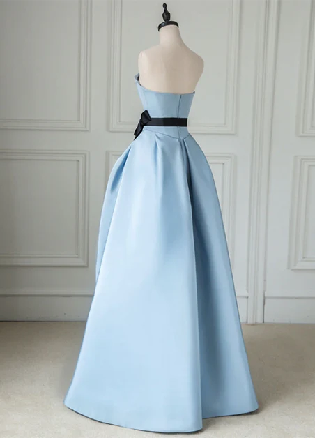 Sky Blue Satin a-line straight-across zipper-back floor-length Dress Back View - Aabei Dress