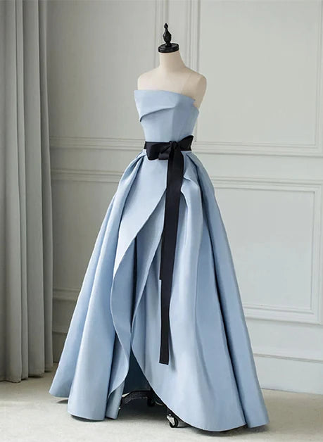 Sky Blue Satin a-line straight-across zipper-back floor-length Dress Front View - Aabei Dress