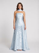 Sky Blue Satin A-line Straight Across Zipper Back Floor Length Dress - Aabei Dress