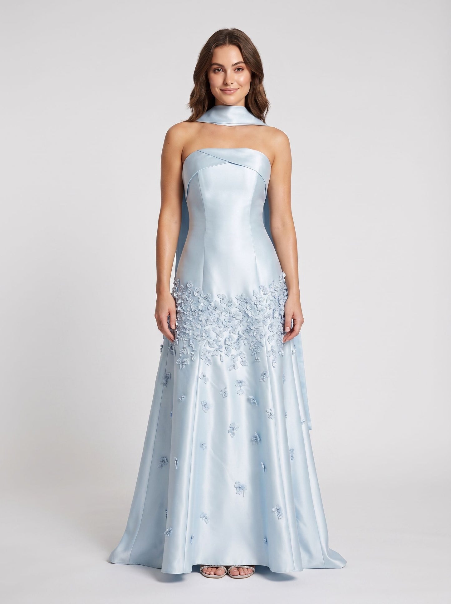 Sky Blue Satin A-line Straight Across Zipper Back Floor Length Dress - Aabei Dress