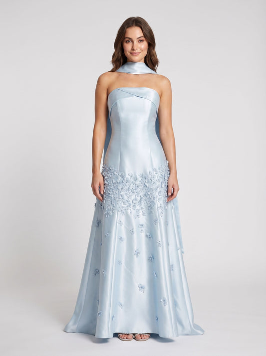 Sky Blue Satin A-line Straight Across Zipper Back Floor Length Dress - Aabei Dress
