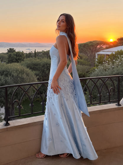 Sky Blue Satin A-line Straight Across Zipper Back Floor Length Dress - Aabei Dress