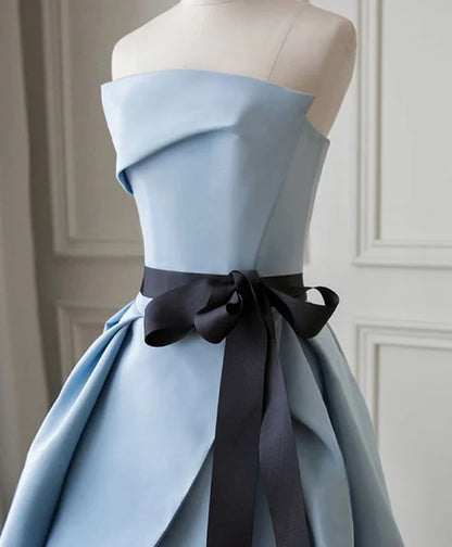 Sky Blue Satin a-line straight-across zipper-back floor-length Dress - Aabei Dress
