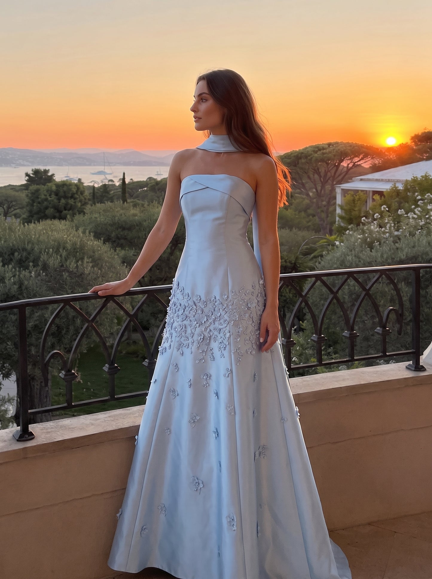 Sky Blue Satin A-line Straight Across Zipper Back Floor Length Dress - Aabei Dress