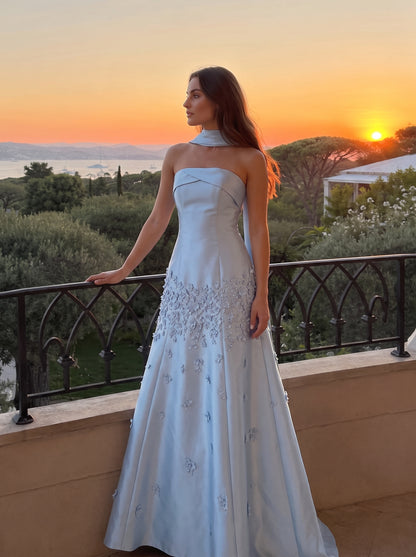 Sky Blue Satin A-line Straight Across Zipper Back Floor Length Dress - Aabei Dress