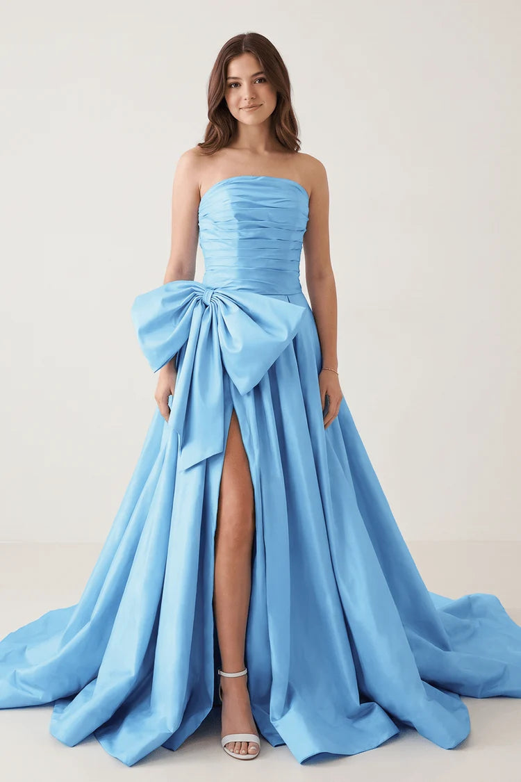 Sky Blue Satin A-Line Straight Across Zipper Back Floor-Length Dress - Aabei Dress