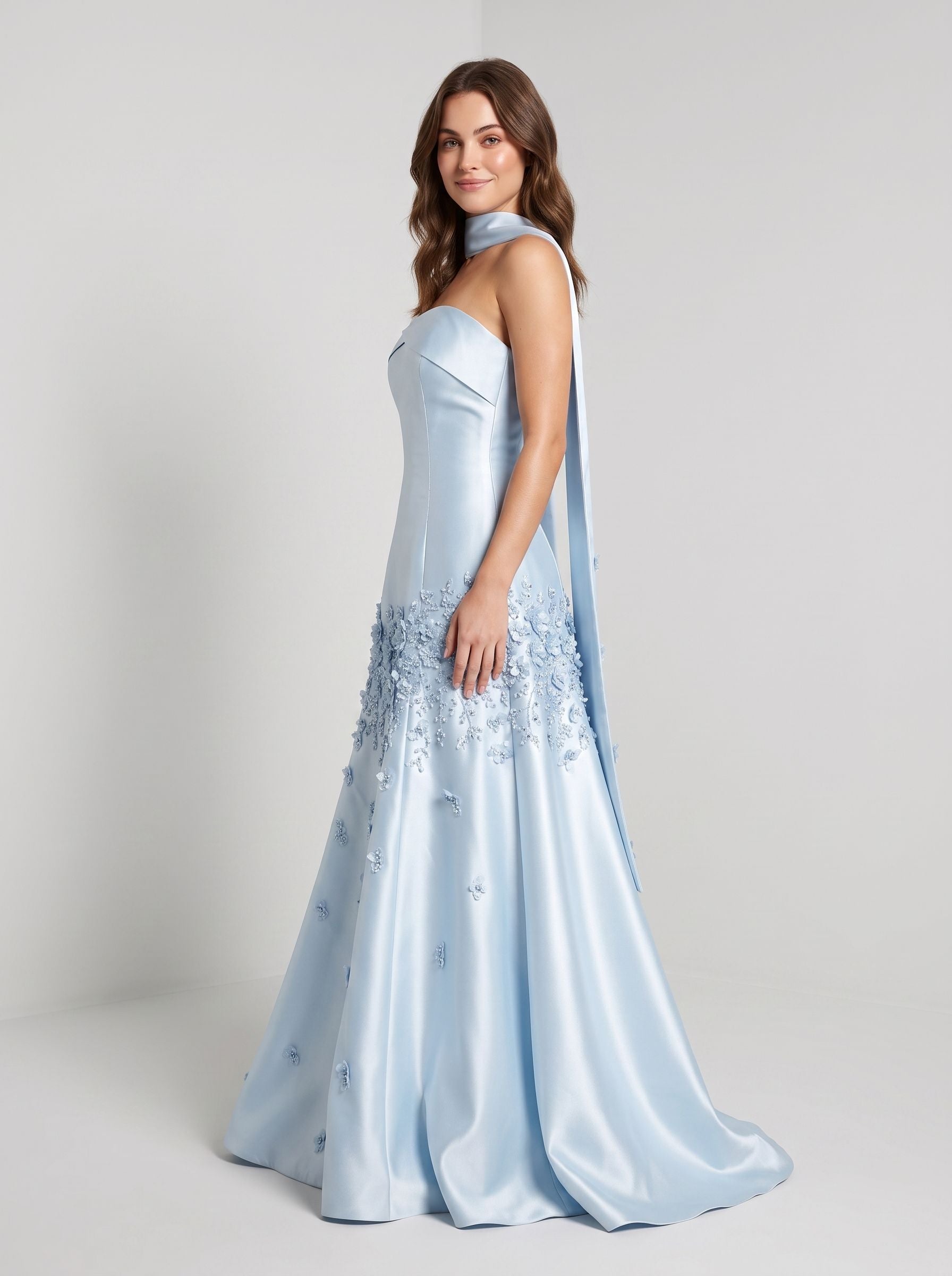 Sky Blue Satin A-line Straight Across Zipper Back Floor Length Dress - Aabei Dress