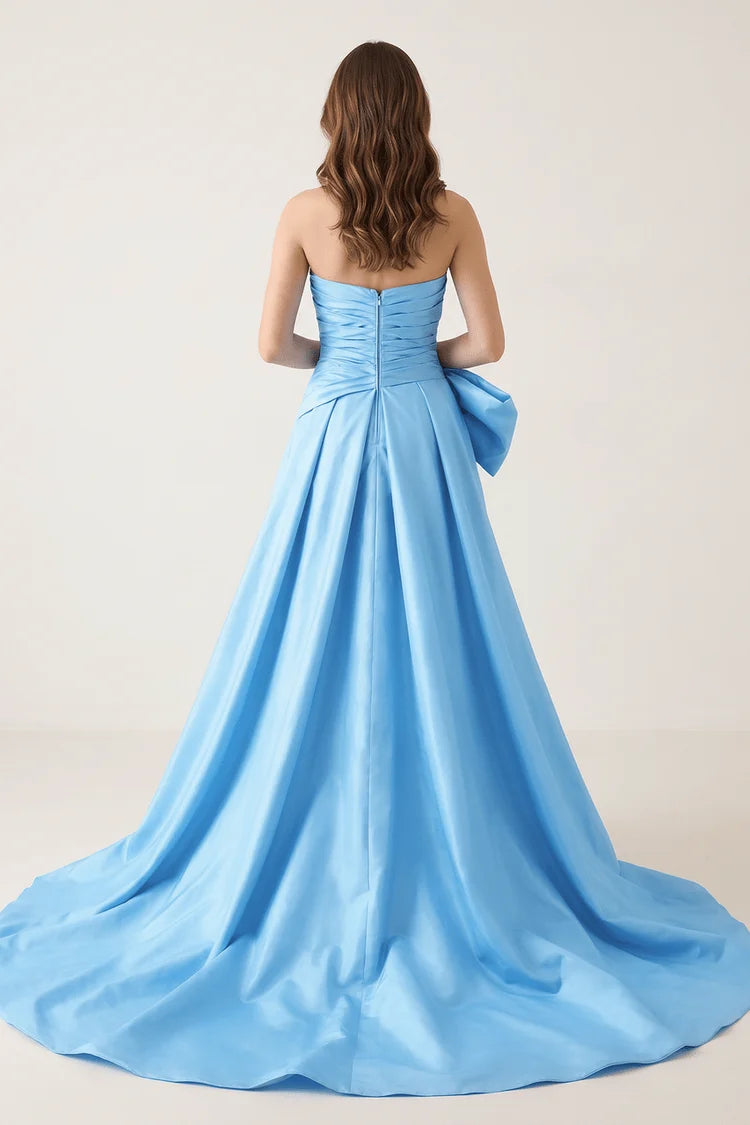 Sky Blue Satin A-Line Straight Across Zipper Back Floor-Length Dress - Aabei Dress