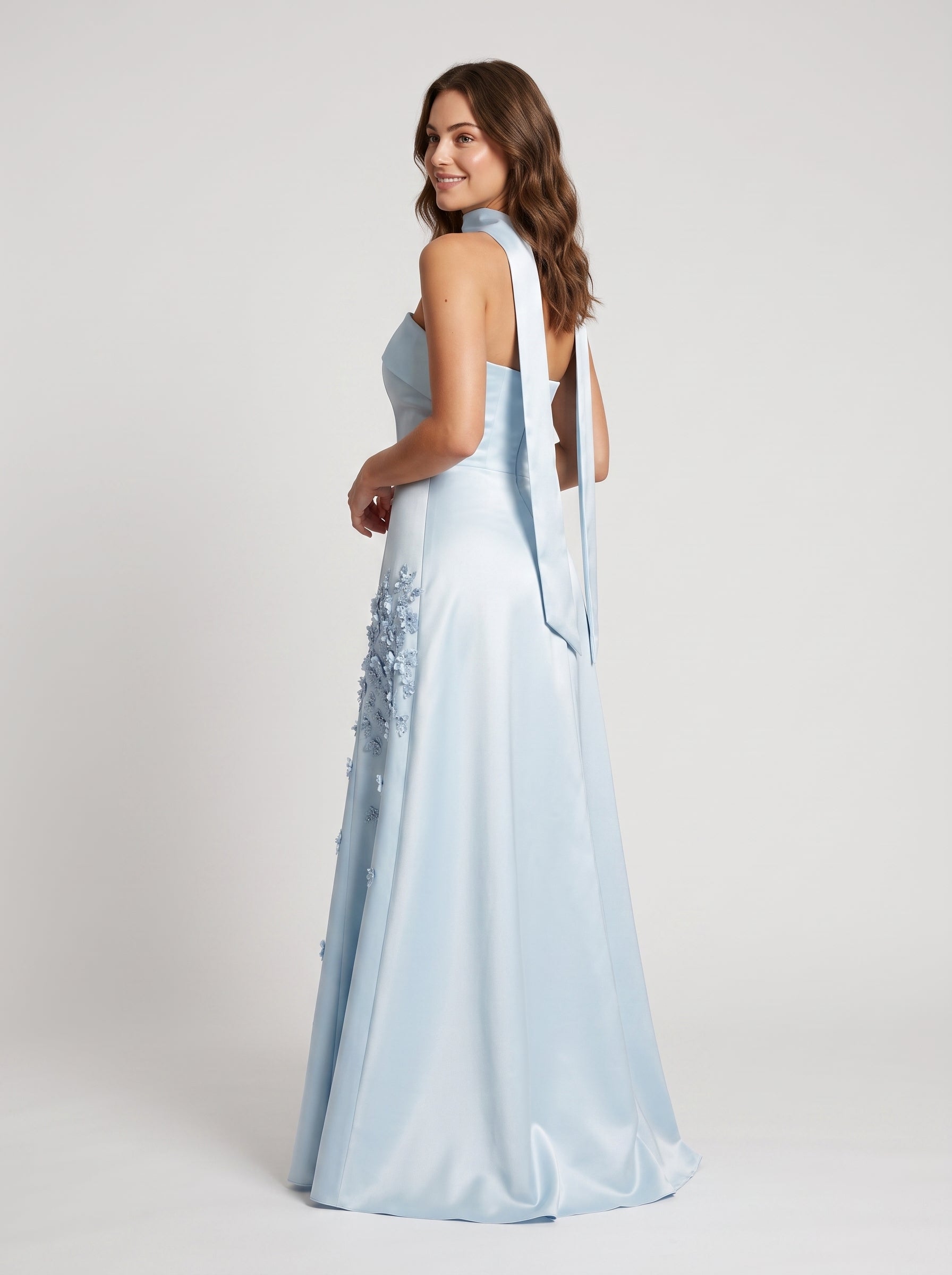 Sky Blue Satin A-line Straight Across Zipper Back Floor Length Dress - Aabei Dress