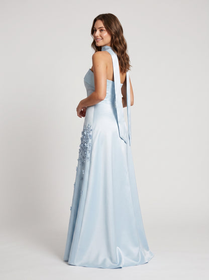 Sky Blue Satin A-line Straight Across Zipper Back Floor Length Dress - Aabei Dress