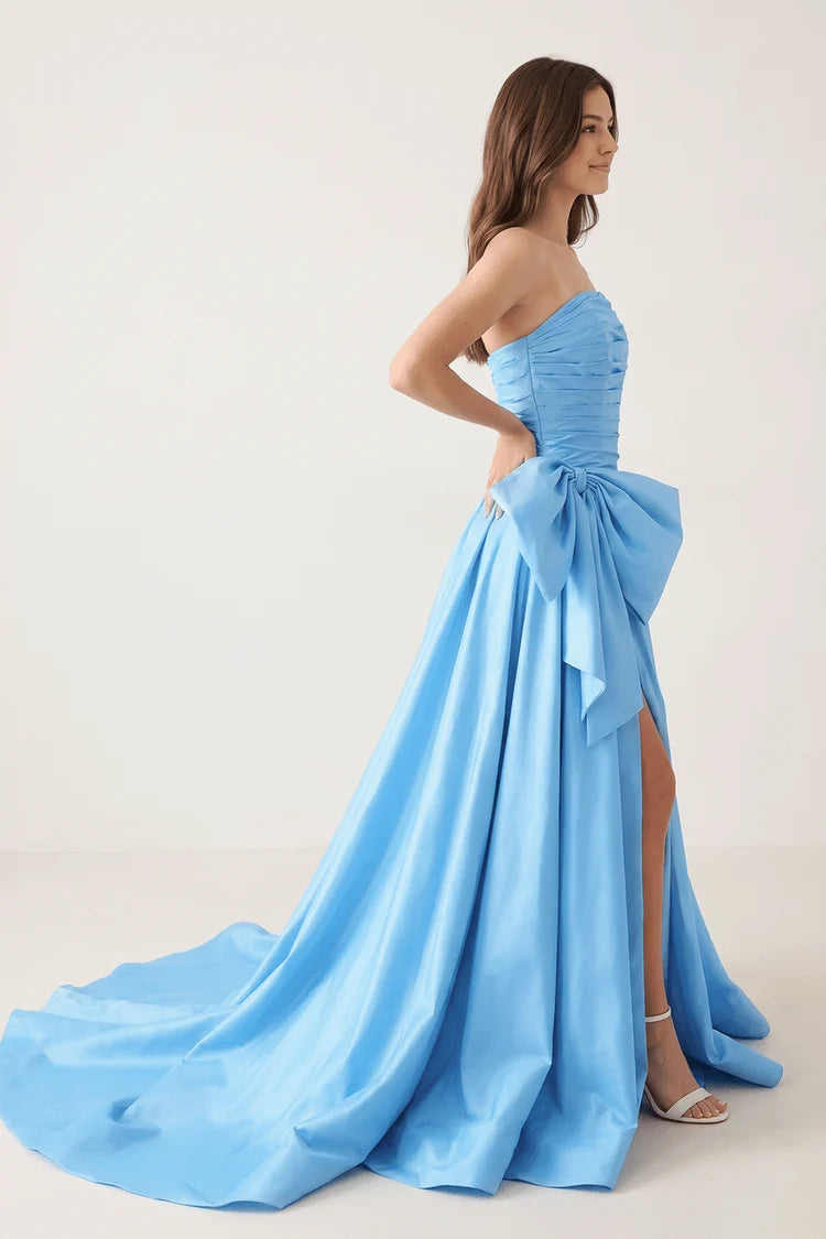 Sky Blue Satin A-Line Straight Across Zipper Back Floor-Length Dress - Aabei Dress